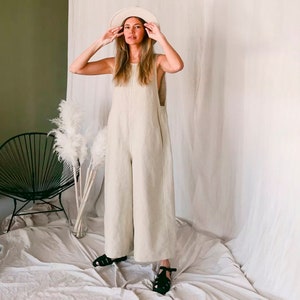 Linen Oversized Jumpsuit: Sleeveless, Wide-Leg | Loose Women's Romper