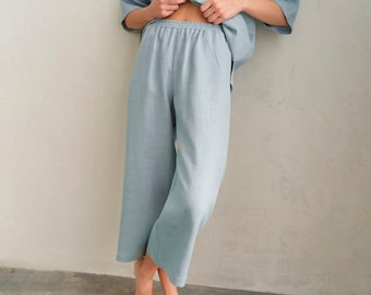 Loose Linen Pants with Elastic Waist - Wide Leg Trousers - Cropped Length - Oversized and Comfy Culottes for Women