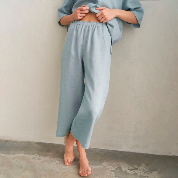 Loose Linen Pants with Elastic Waist - Wide Leg Trousers - Cropped Length - Oversized and Comfy Culottes for Women