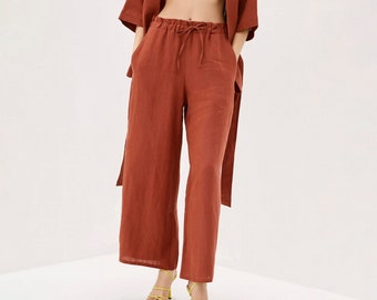 Linen Wide Leg Pants for Women - High Waist, Relaxed Loose Fit | Elastic band with ties