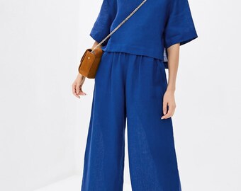 Linen Wide Leg Pants: High Waist Trousers With Ties Spring - Main Image