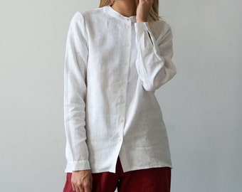 Collarless Linen Shirt for Women - Long Sleeves Classic Blouse -  Linen Top