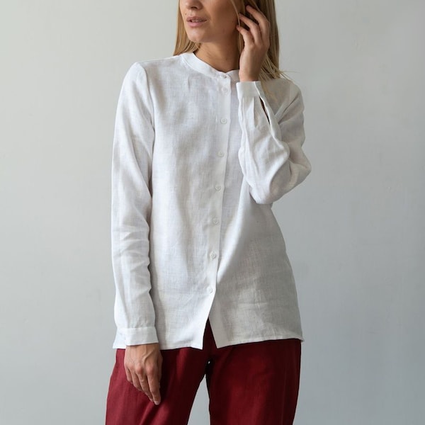 Collarless Linen Shirt for Women - Long Sleeves Classic Blouse -  Linen Top