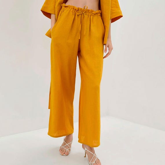 【Anyone more】Ether Summer Linen Banding Wide Long Pants Brnmxoke Cotton Linen Pants for Women with Pockets,Womens