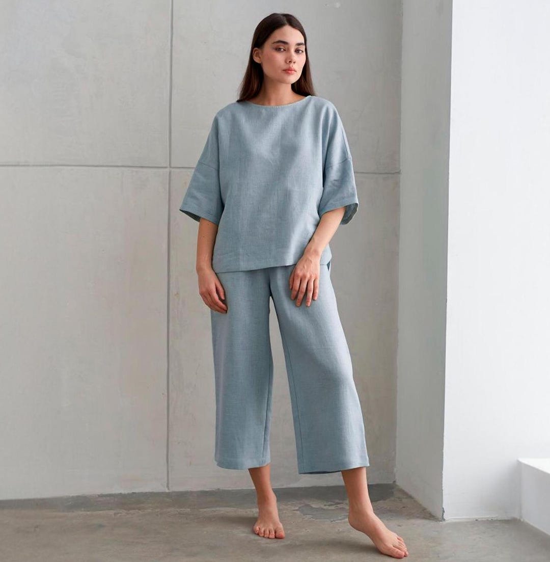 Linen 2-piece Set: Loose T-shirt and Pants Loungewear, Nightwear