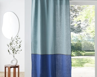 Color Block Linen Curtains - Tab Top, Rod Pocket, Tie Top -  Two colors Semi Sheer Drapery Panels