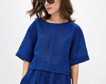 Loose Linen Crop Top: Oversized Boat Neck Blouse, Natural Clothing