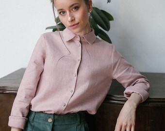 Linen Shirt for Women - Long Sleeve, Collared Classic Shirt -  Linen Clothing