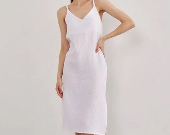 Muslin dress with Spaghetti straps | Sleeveless Cotton gauze dress with V neck