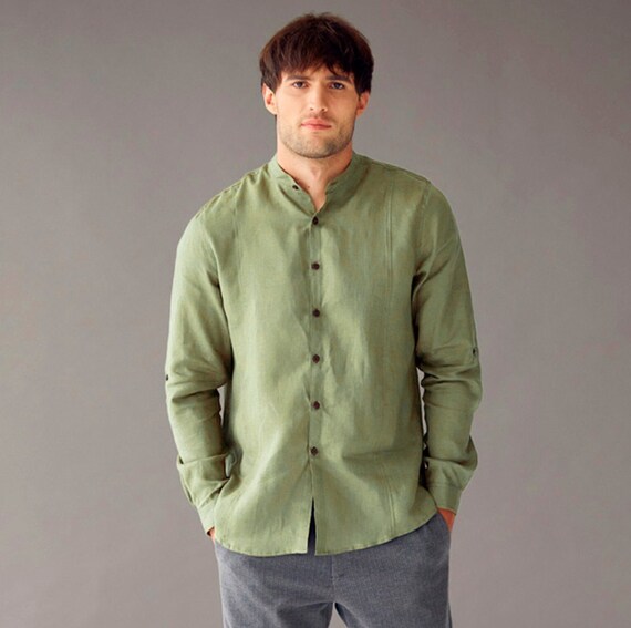 Linen Shirt for Men Band Collar Classic Shirt Linen Clothing - Etsy