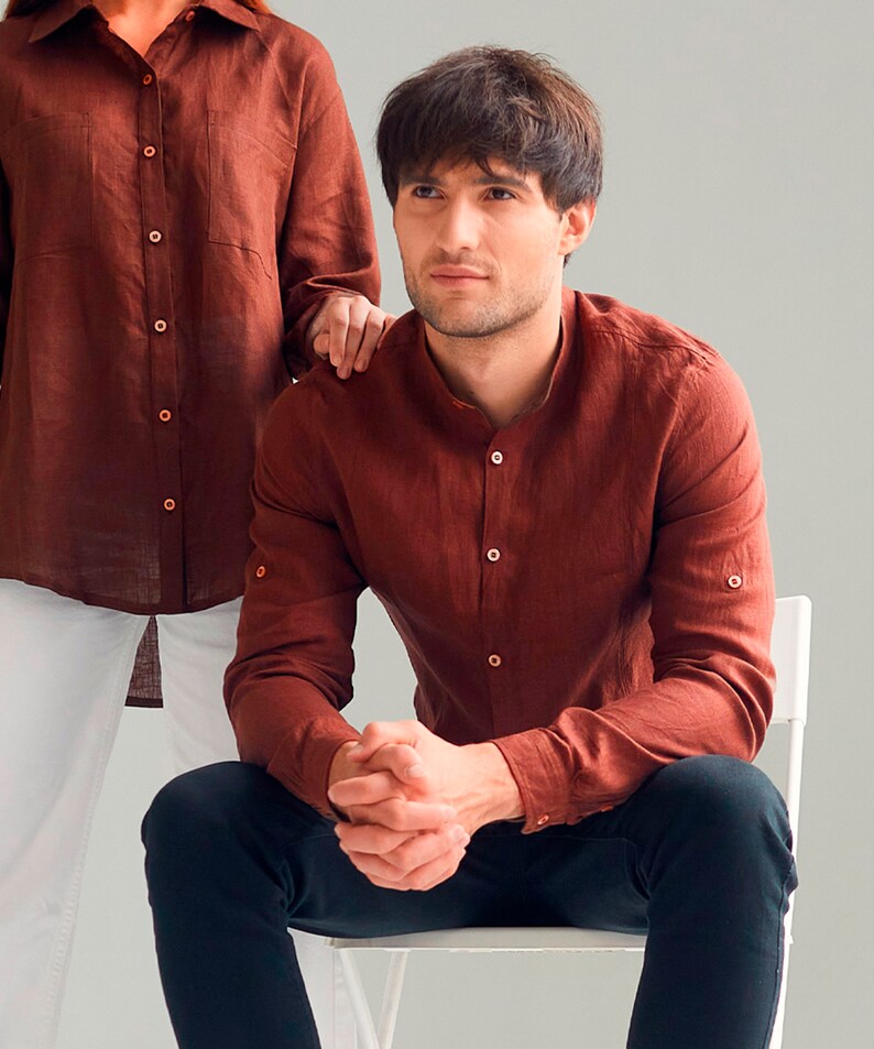 Linen Shirt for Men Band Collar Classic Shirt Linen Clothing Etsy