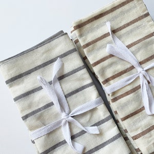 14x14 Striped Linen Napkins Set of 2 – White, Brown, Gray – Thin Stripes Cloth Dinner Napkins for Wedding, Events & Everyday