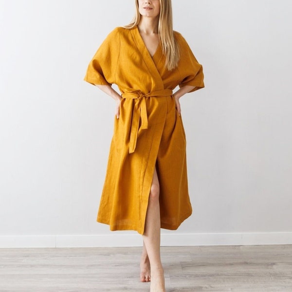 Long Linen Robe | Kimono Half sleeves bathrobe | Loungewear, Sleepwear, Home clothes