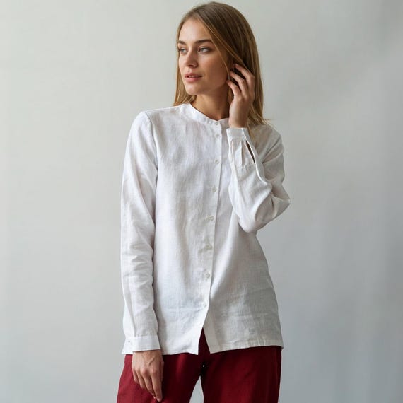 Collarless Linen Shirt for Women - Long Sleeves Classic Button Down Blouse  - Linen Top - Natural Clothing - Etsy