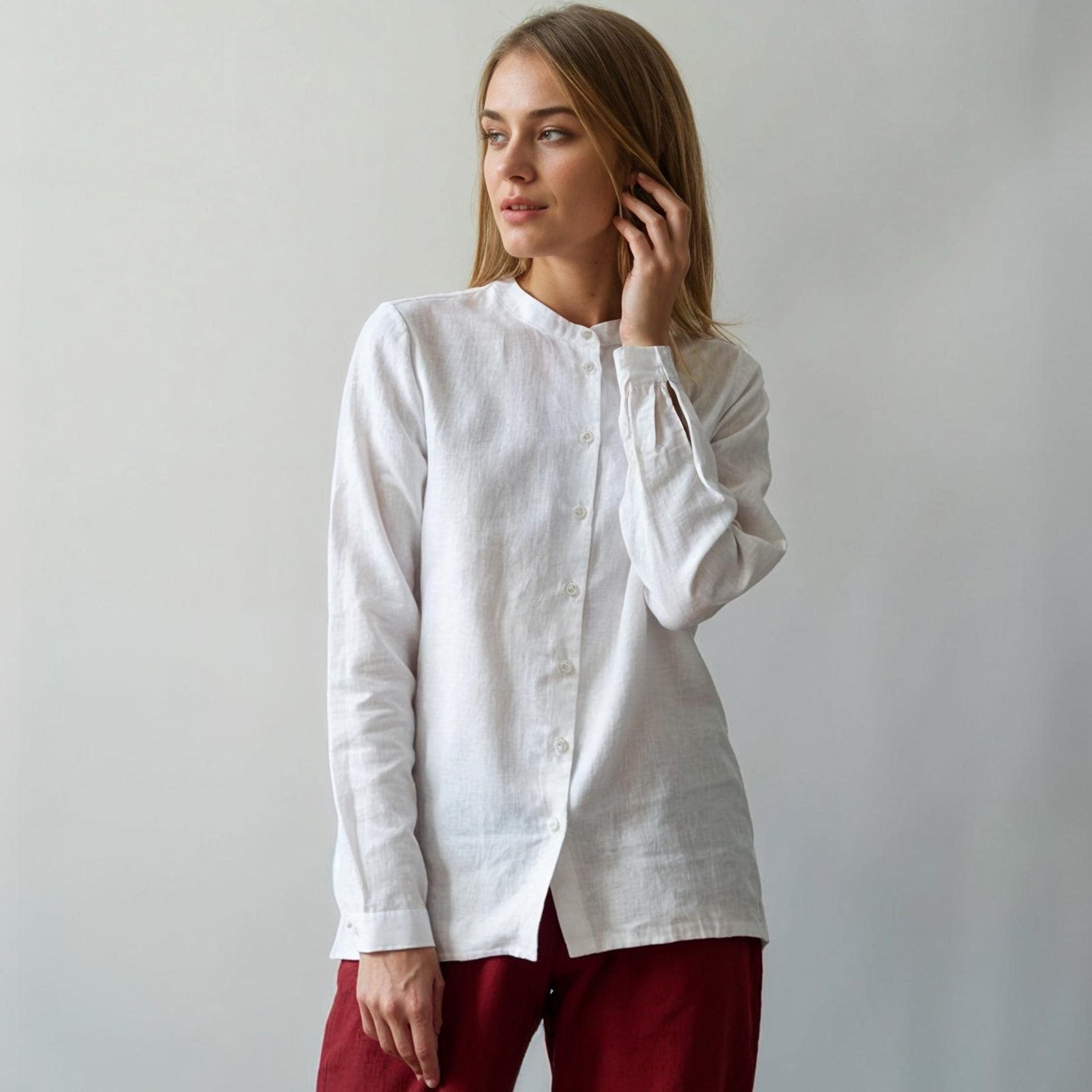 Collarless Linen Shirt for Women - Long Sleeves Classic Button Down Blouse -  Linen Top - Natural Clothing