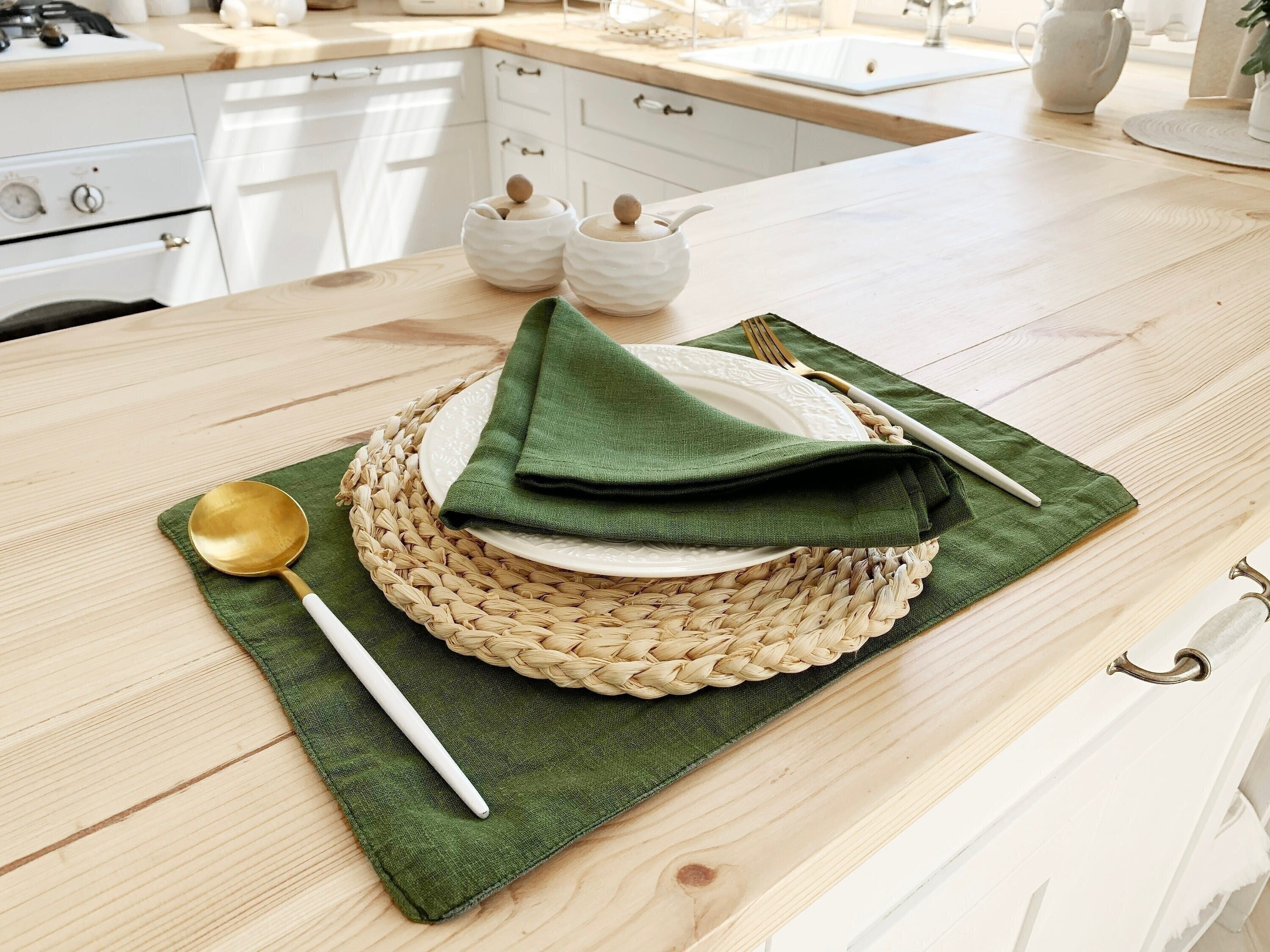 Set of 2 Forest Green Linen Placemats Moss Dark Green Dinner Etsy