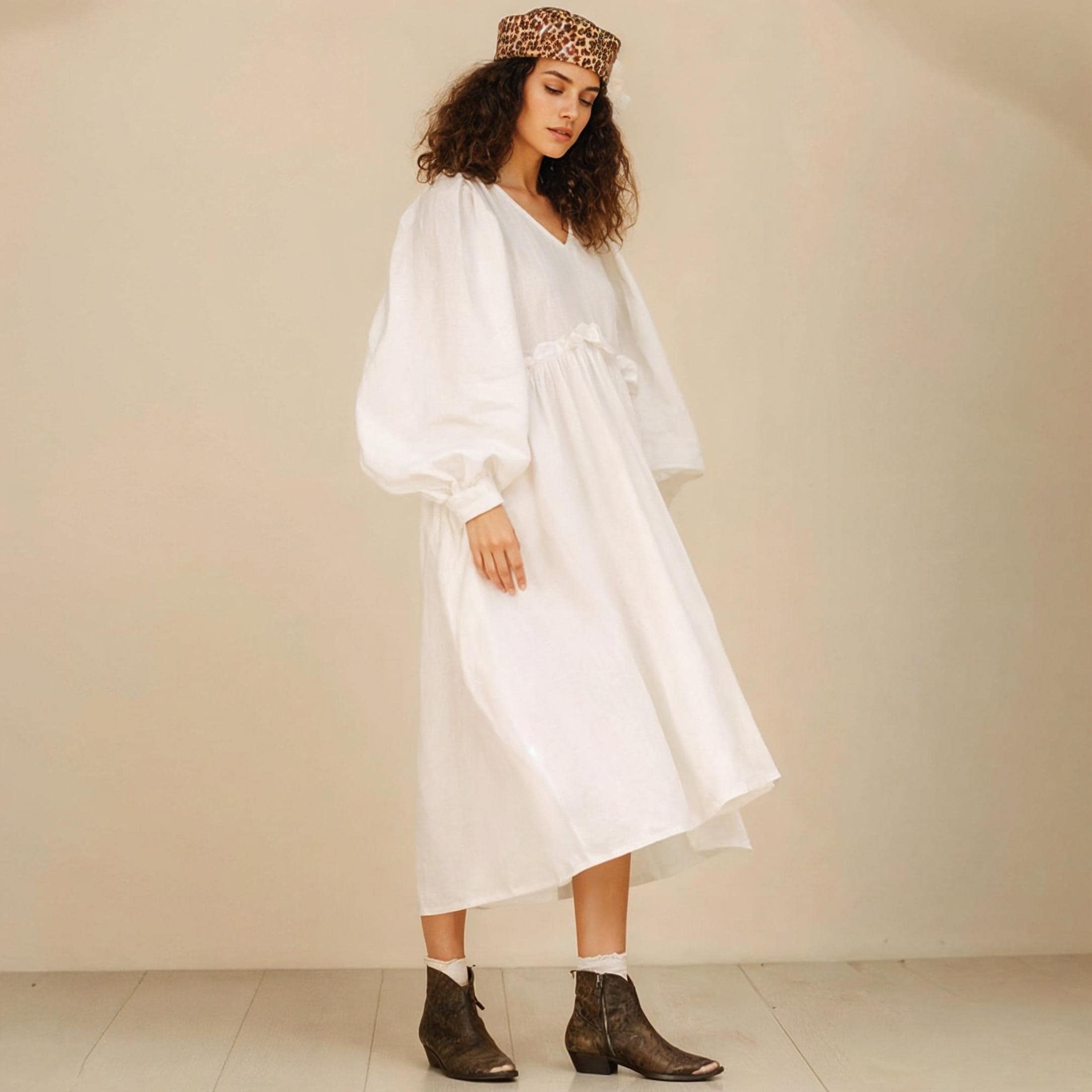 Robe en lin pour femme - Robe mi-longue ou mini surdimensionnée à manches longues bouffantes, vêtements amples féminins