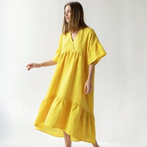 Oversized Hi-Low Linen Ruffle Dress: Women&#39;s Summer Midi