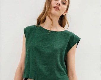 Linen Crop Top: Boat Neck Short Sleeve Blouse
