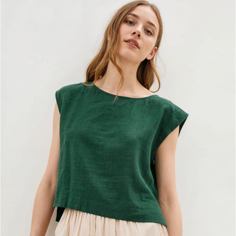 Women's Cropped Top – Linen Blend – Relaxed Fit – Boat Neck – 3/4 Sleeves main image 0