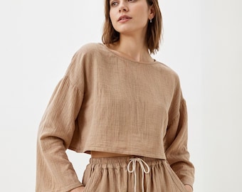 Gauze Muslin Crop Top With Long Sleeves Loose Cotton Blouse for