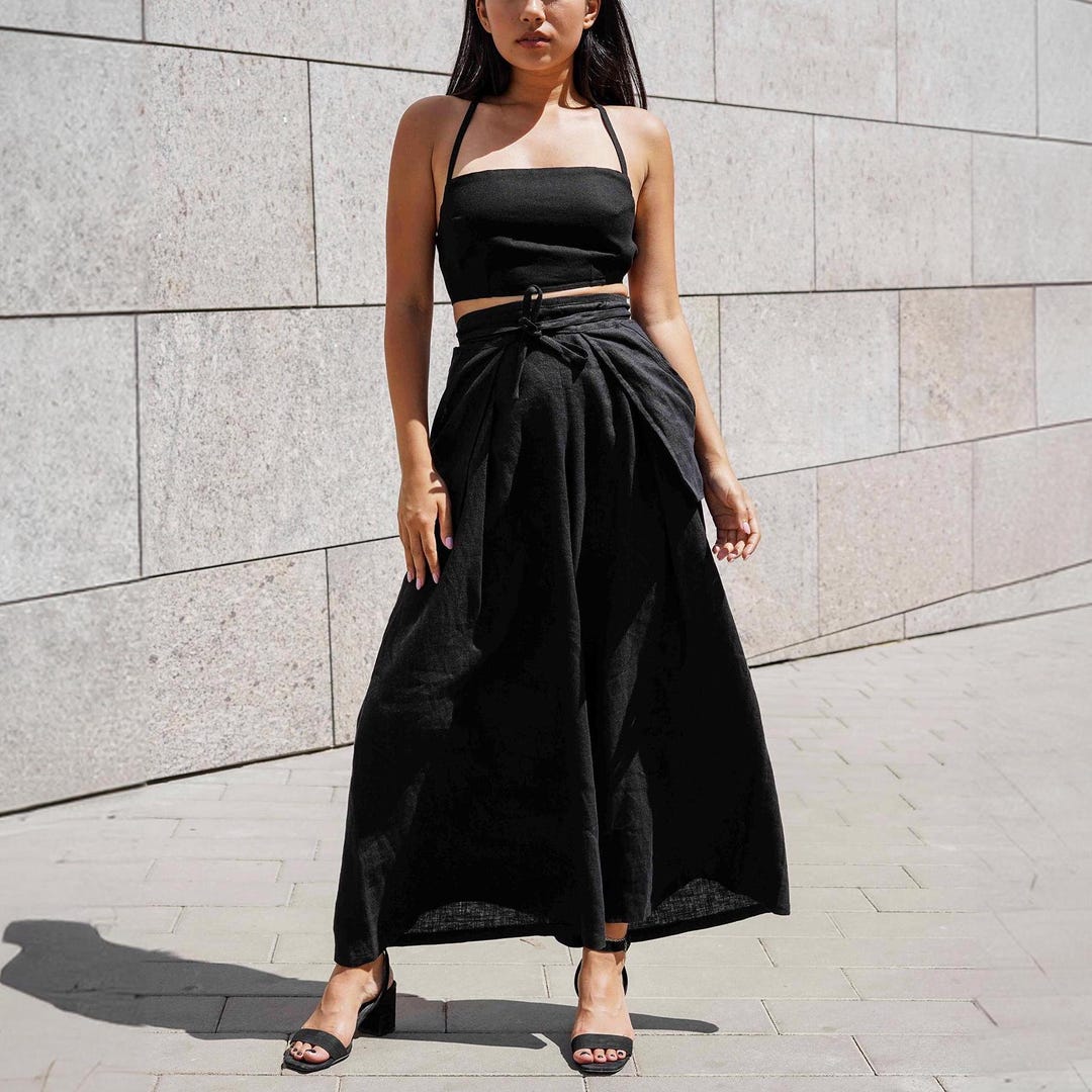 Women’s High Waist Linen Palazzo Wide-Leg Pants with Waistband