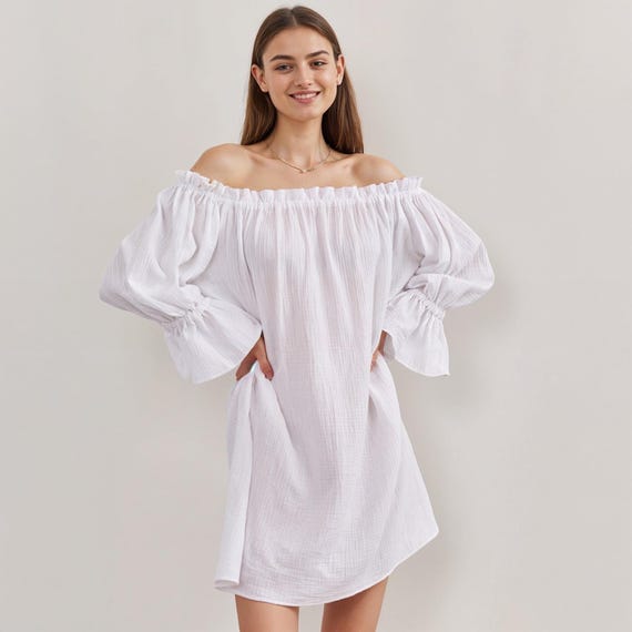Mousseline off-shoulder jurk voor dames Katoenen gaasjurk met