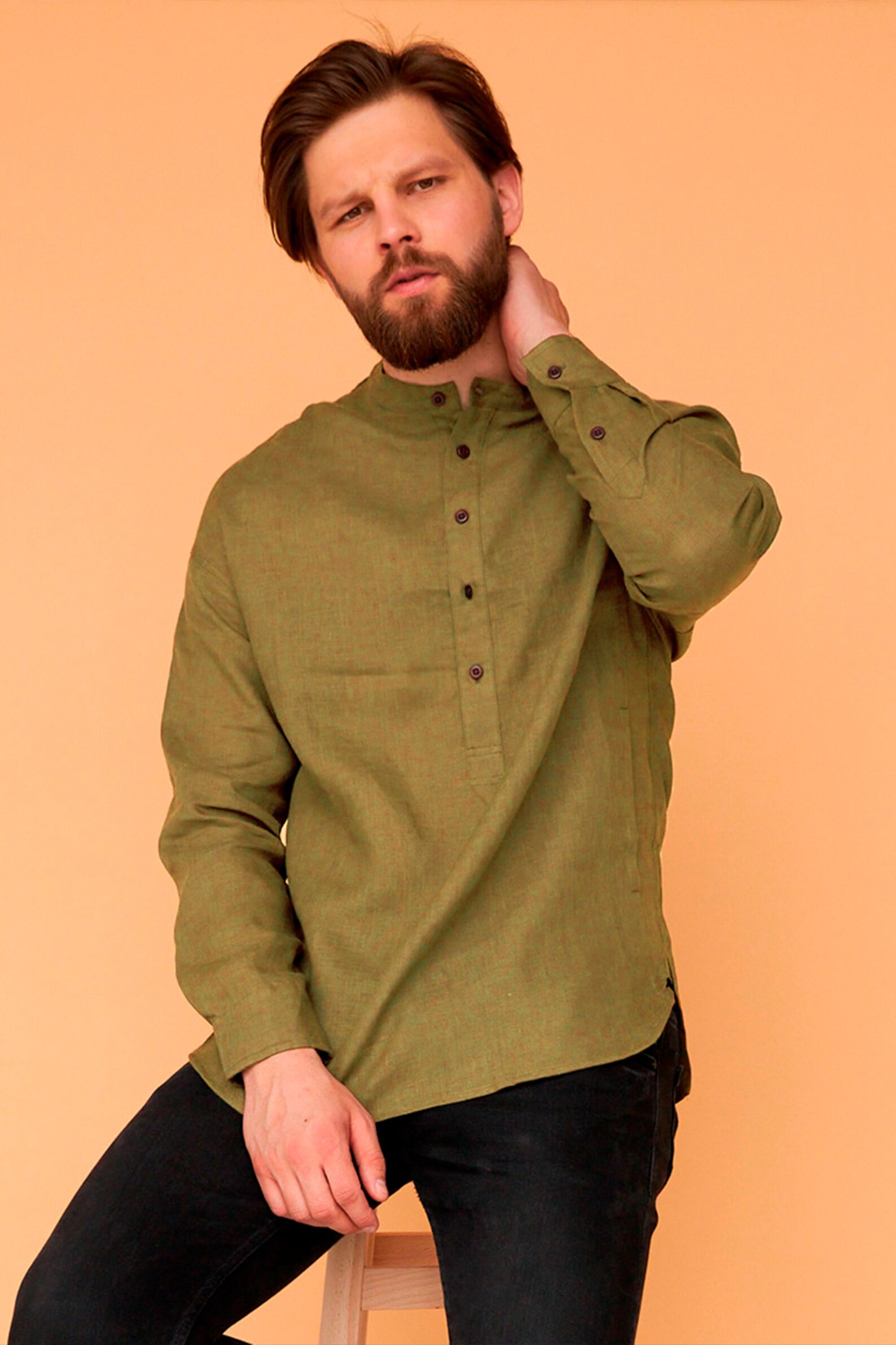 Half Button Linen Shirt for Men Band Collar Shirt Linen Etsy