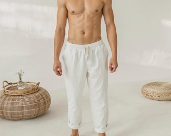 Pantalon en lin pour homme Pantalon ample à taille élastique