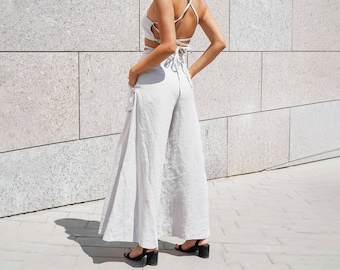 Linen Wide Leg Palazzo Pants for Women with High Waist , Pockets and Ties