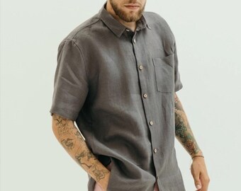 Mens linen shirt with short sleeves, buttons and collar