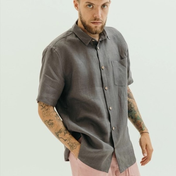 Mens linen shirt with short sleeves, buttons and collar