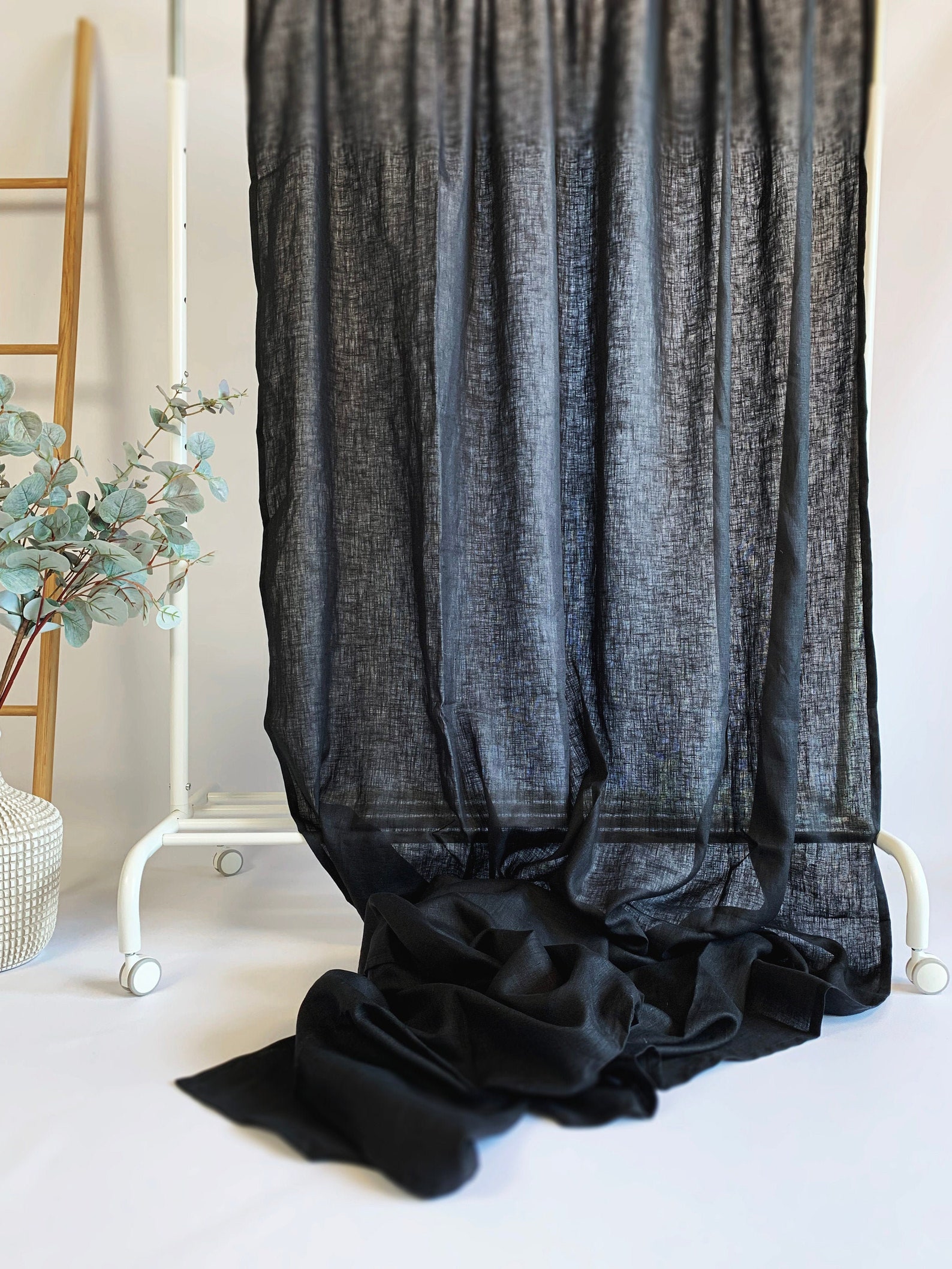 Black linen curtains Semi sheer wide long Tab Tie top Rod Etsy