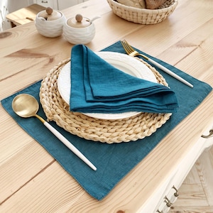 Teal Linen Placemat: Dark Mint Blue Cloth, Dining Table Decor