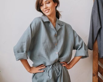 Loose Linen Shirt for Women - Long Kimono Sleeve Loose Top - Collared - Linen Clothing