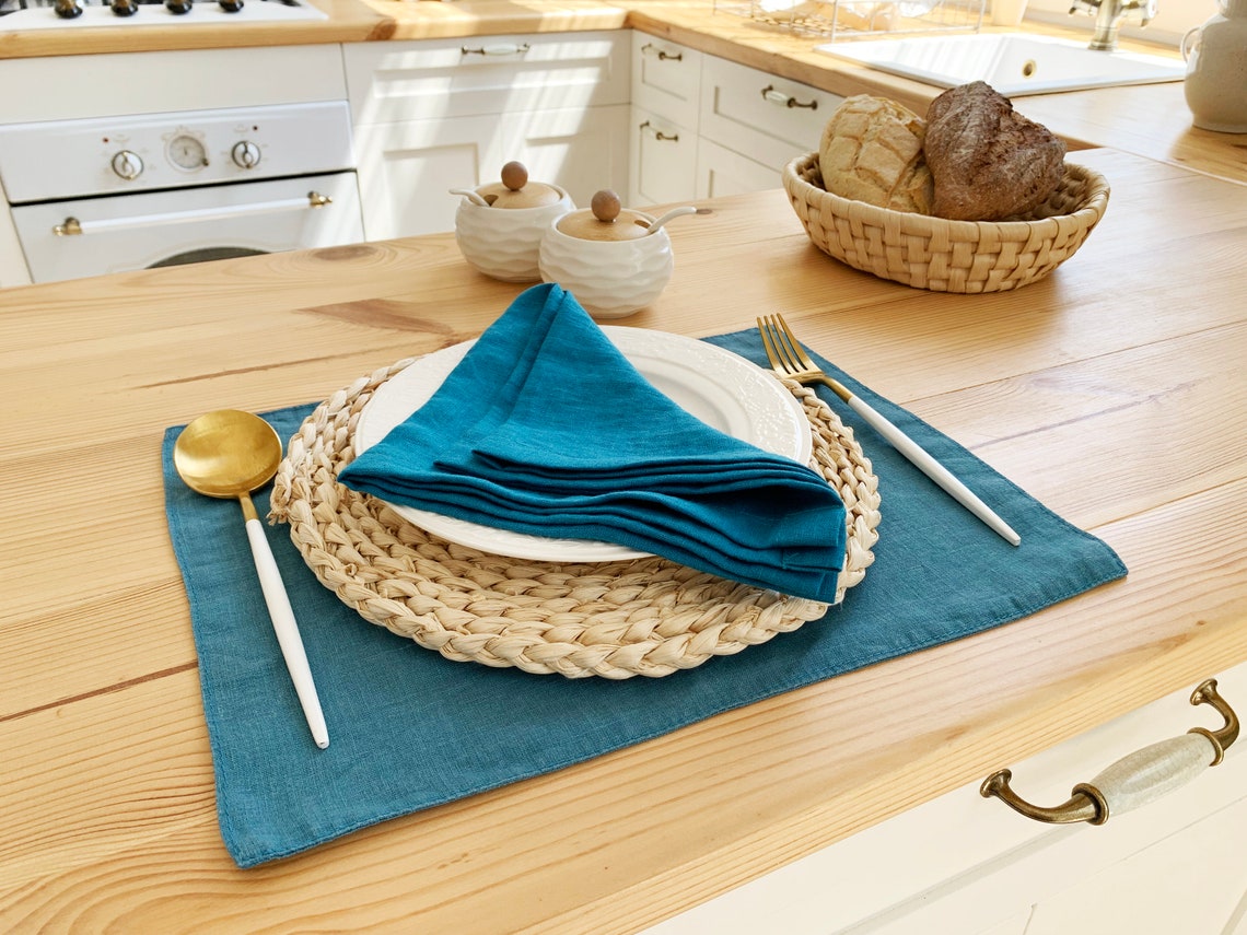 Teal linen placemats Dinner table Turquoise blue place mat Etsy