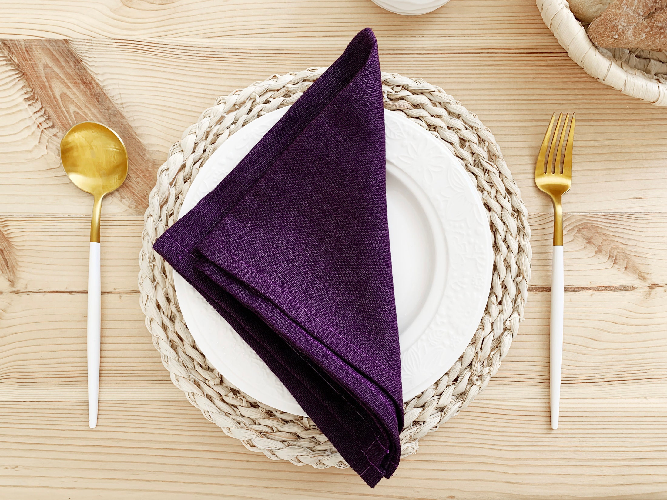 Ruvanti Purple & Ivory Gold Cloth Napkins Set of 12, 18x18 inch Durable Linen Napkin Soft, Comfortable, Reusable, Washable Fabric, Perfect Table