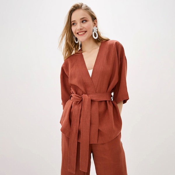 Linen kimono jacket for women Linen wrap robe top Linen short Blouse Oversized Summer Linen blazer Cardigan   clothes