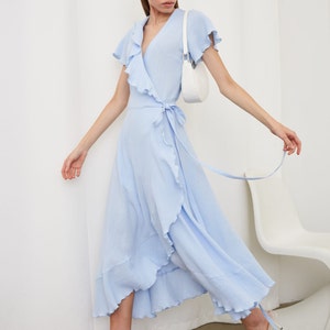 Muslin cotton wrap dress | Short sleeves dress with ruffles | Gauze V neck dress for Women with Maxi length