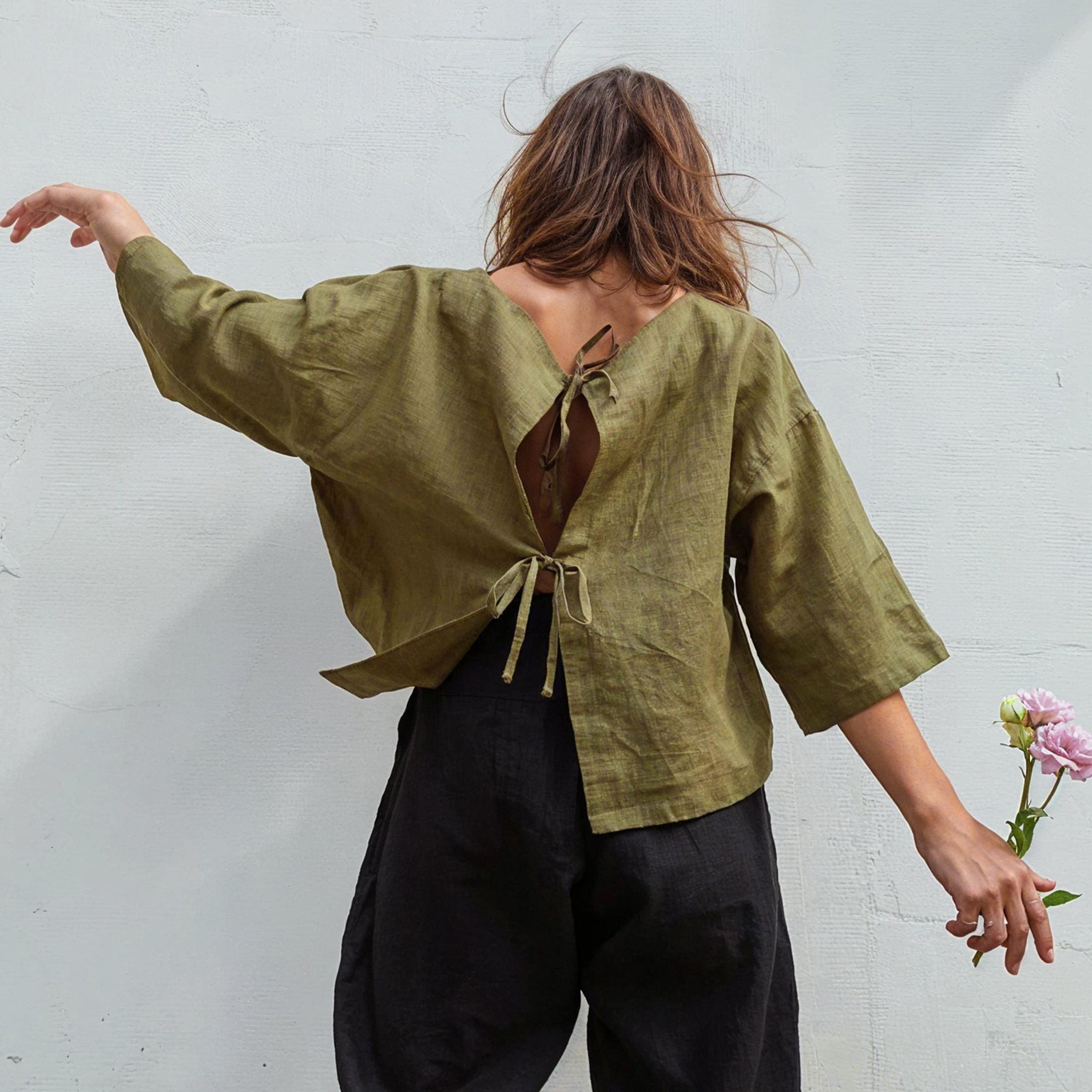 Linen Tie-Back Crop Top: Boat Neck Blouse, Oversized Fit