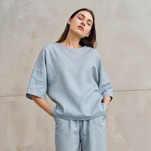 Oversized Linen Boat Neck Top: Women&#39;s Loose Fit Blouse