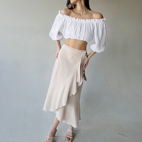 Muslin Cotton Wrap Skirt | Cotton High waist Skirt with Ruffles