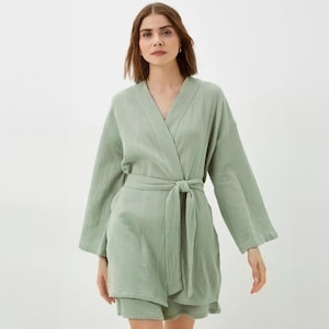 Gauze Muslin Kimono Robe for Women with Long Sleeves | Cotton Bathrobe Spa Loungewear