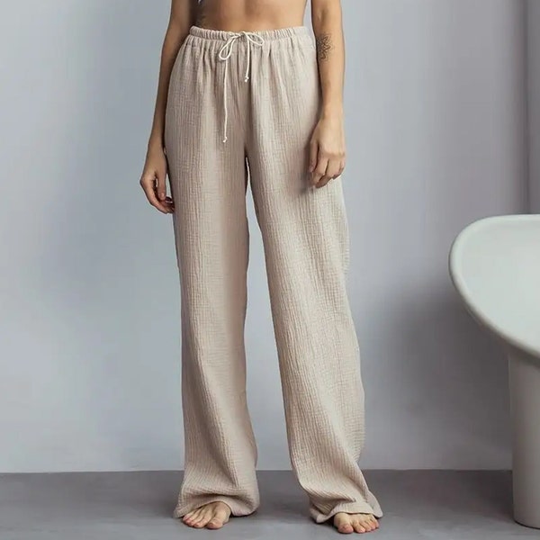 Gauze Muslin Pants | Cotton High waist Pants with Elastic band, Ties and Pockets