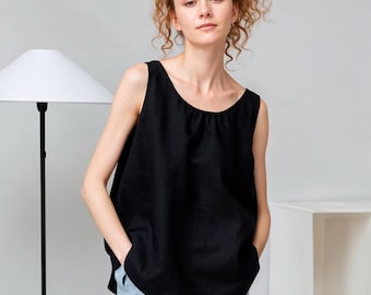 Linen Simple Tank Top - Sleeveless Loose Blouse with Boat Neck -  Basic Casual Natural Clothing