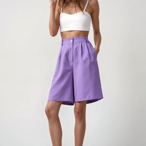 High-Waisted Linen Bermuda Shorts for Women with Pockets | Loose Relaxed Fit