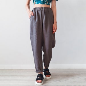 High Waist Linen Trousers with Elastic Belt - Loose, High-Rise Pants for Comfort and Style