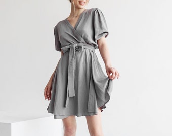 Muslin wrap dress with short puff sleeves Cotton gauze v neck dress with belt Summer clothing