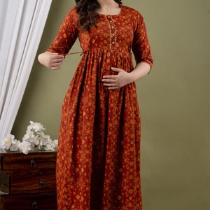 FLORAL MATERNITY NURSING red Gown, Pregnancy Dress for Woman, Zip for Baby Feeding Daily Wear Kurti, Church Nursing for Breastfeeding