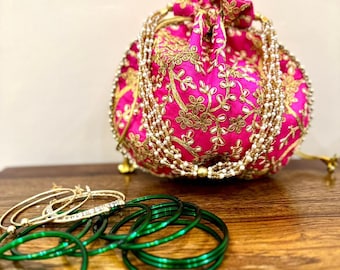 Pink Cotton Potli Bag, Gold Embroidered Drawstring Purse, Indian Wedding Clutch